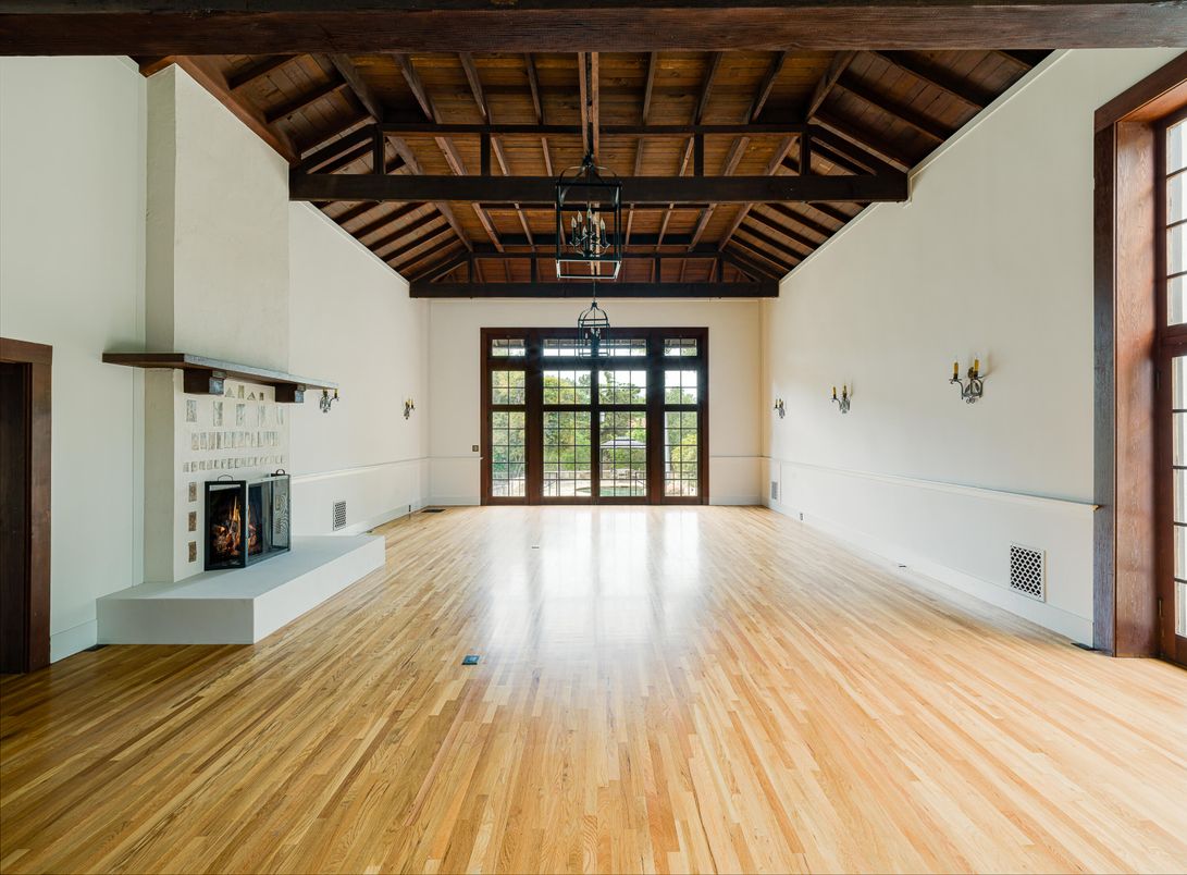 Empty room, Fireplace, Interior, Pendant Lights, Wooden Beams, Wooden Ceilings, Wood Texture Flooring