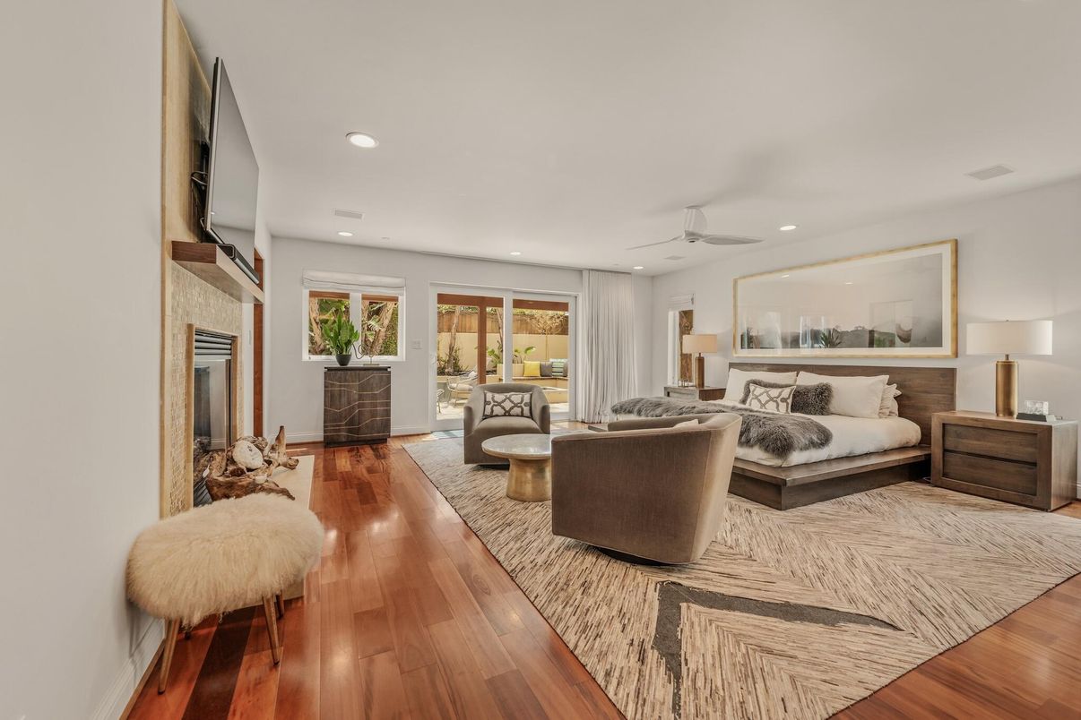 Bedroom, Fireplace, Interior, Living room, Recessed Lighting, Wood Texture Flooring