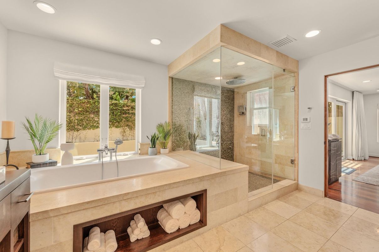 Bathroom, Glass Shower, Interior, Recessed Lighting, Wood Texture Flooring