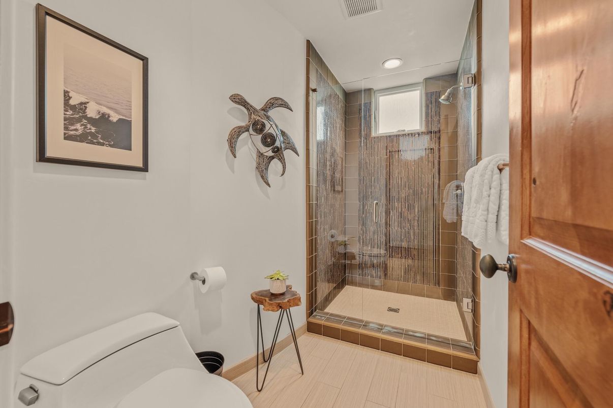 Bathroom, Glass Shower, Interior, Recessed Lighting, Wood Texture Flooring