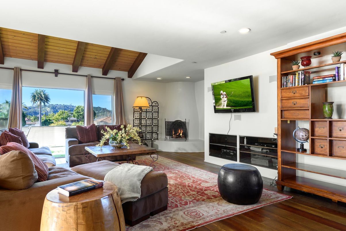 Fireplace, Interior, Living room, Recessed Lighting, Wooden Beams, Wooden Ceilings, Wood Texture Flooring