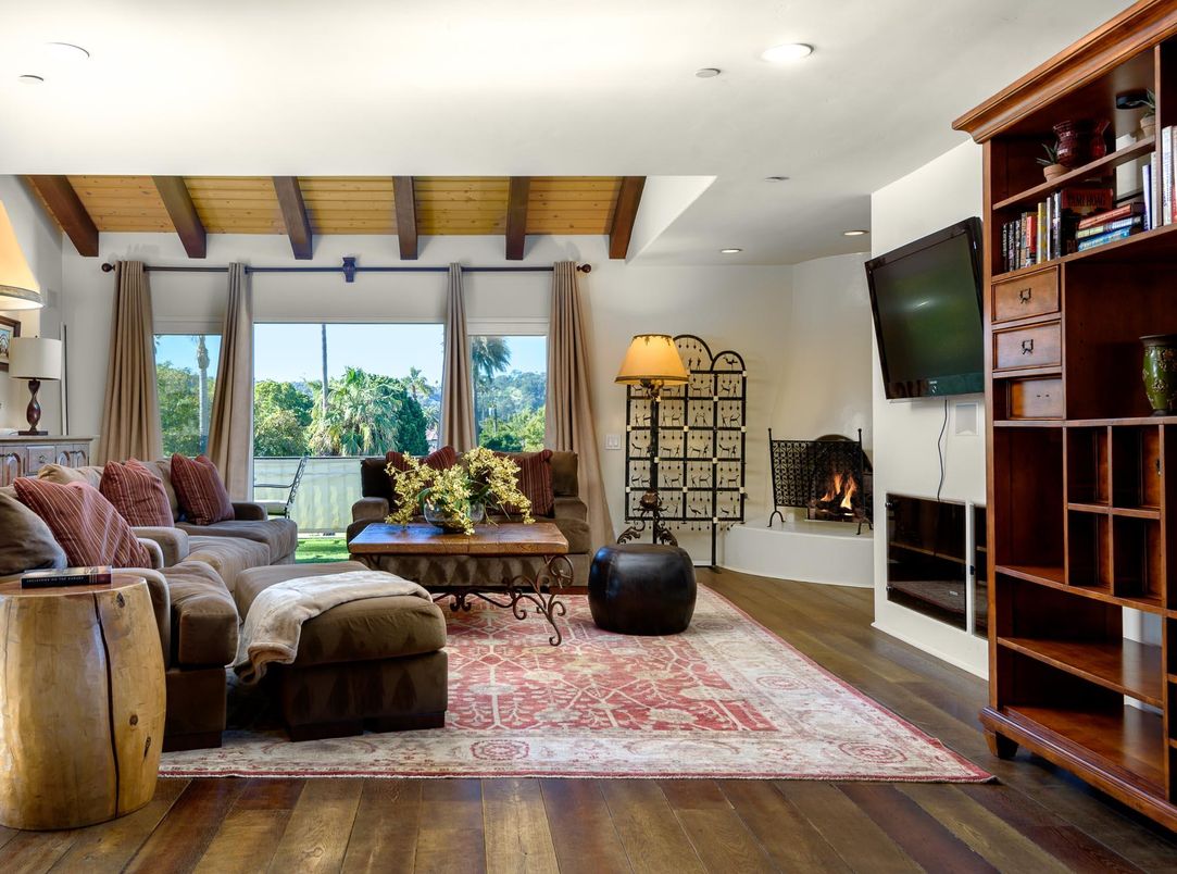 Fireplace, Interior, Living room, Recessed Lighting, Wooden Beams, Wooden Ceilings, Wood Texture Flooring