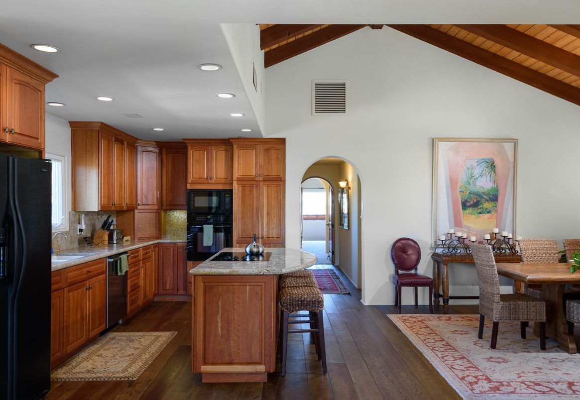 Dining room, Interior, Kitchen, Recessed Lighting, Wooden Beams, Wood Texture Flooring
