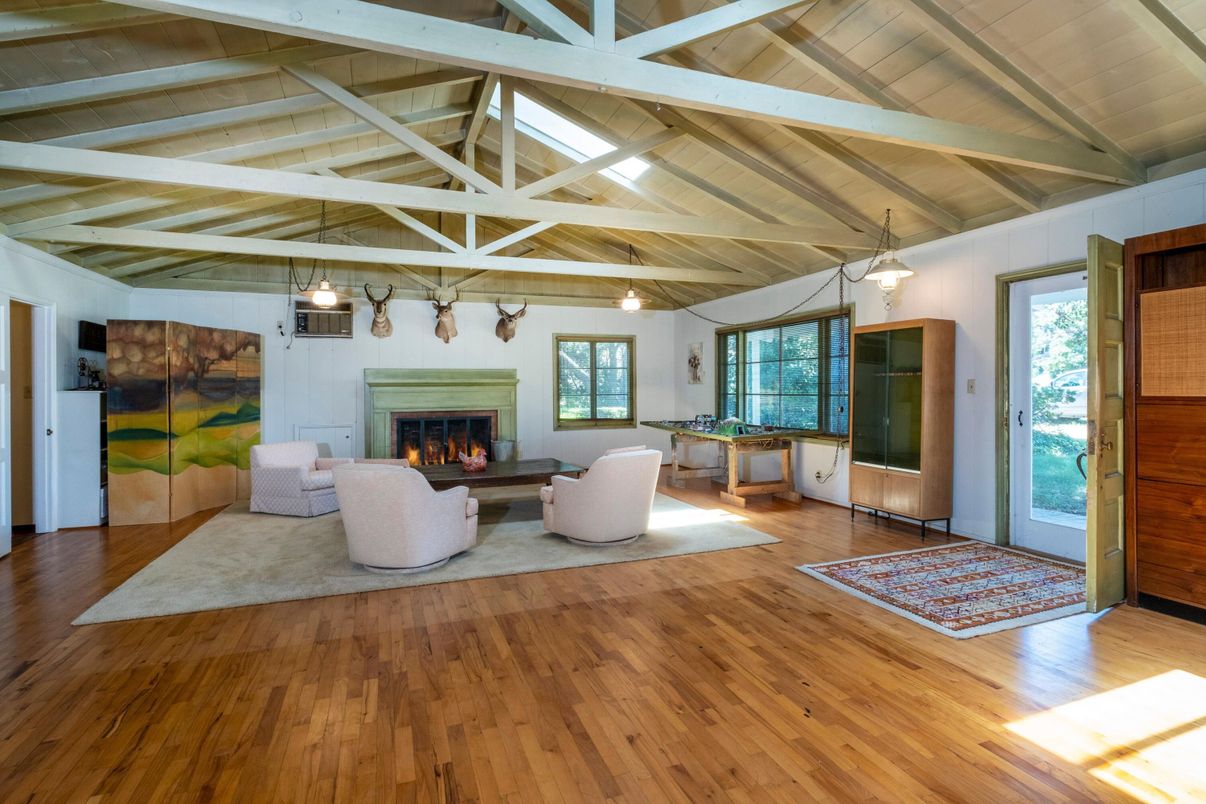 Fireplace, Interior, Living room, Pendant Lights, Wooden Beams, Wooden Ceilings, Wood Texture Flooring