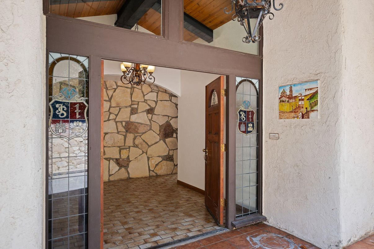 Chandelier, Interior, Stone Walls, Wooden Beams
