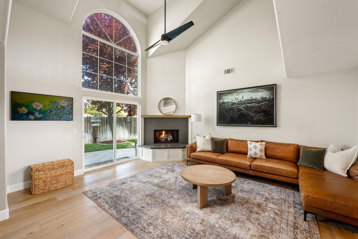 Fireplace, Interior, Living room, Pendant Lights, Wood Texture Flooring