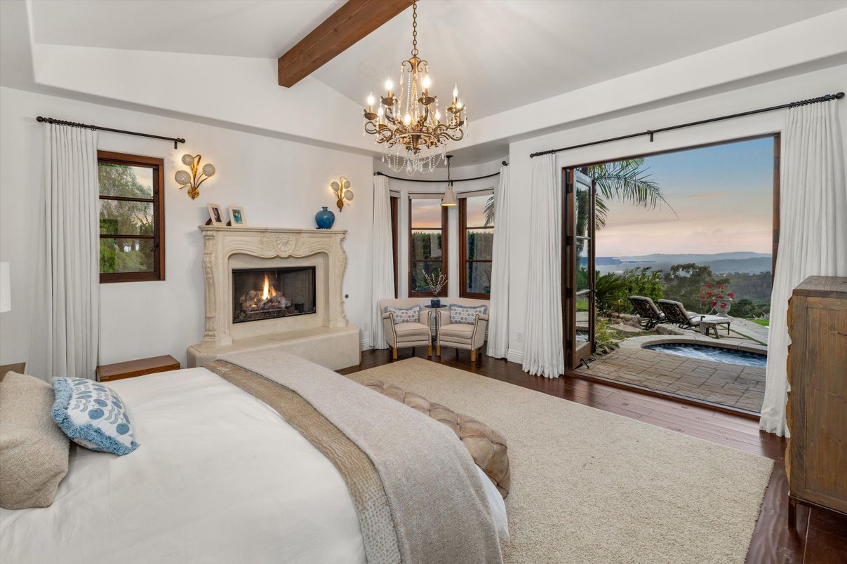 Bedroom, Chandelier, Fireplace, Interior, Wooden Beams, Wood Texture Flooring