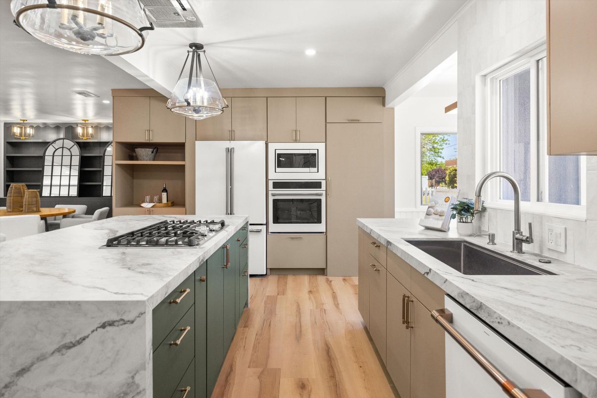 Interior, Kitchen, Pendant Lights, Recessed Lighting, Stainless Steel Appliances, Wood Texture Flooring