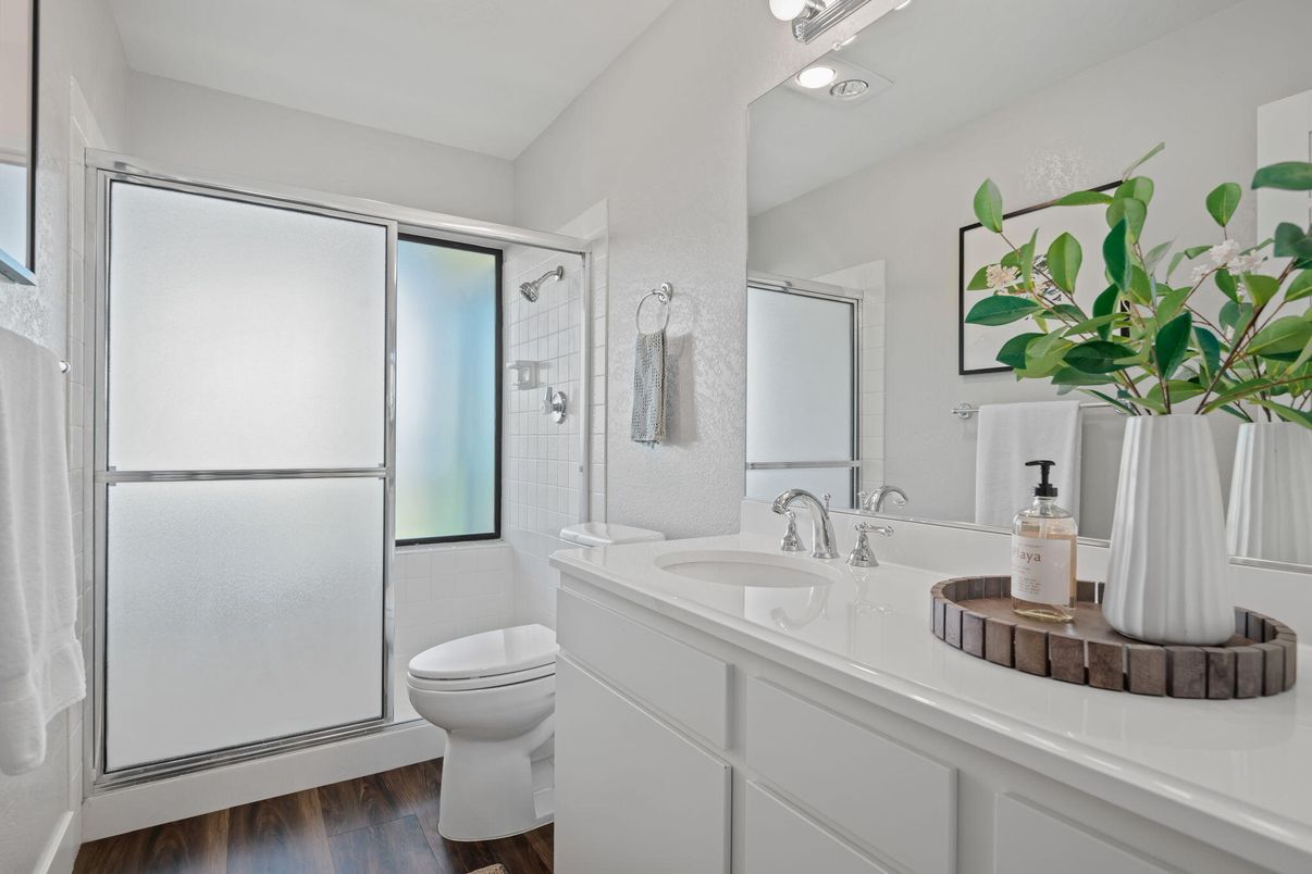 Bathroom, Dual Sink Vanities, Interior, Recessed Lighting, Wood Texture Flooring