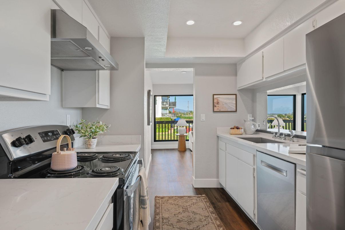 Interior, Kitchen, Recessed Lighting, Stainless Steel Appliances, Wood Texture Flooring