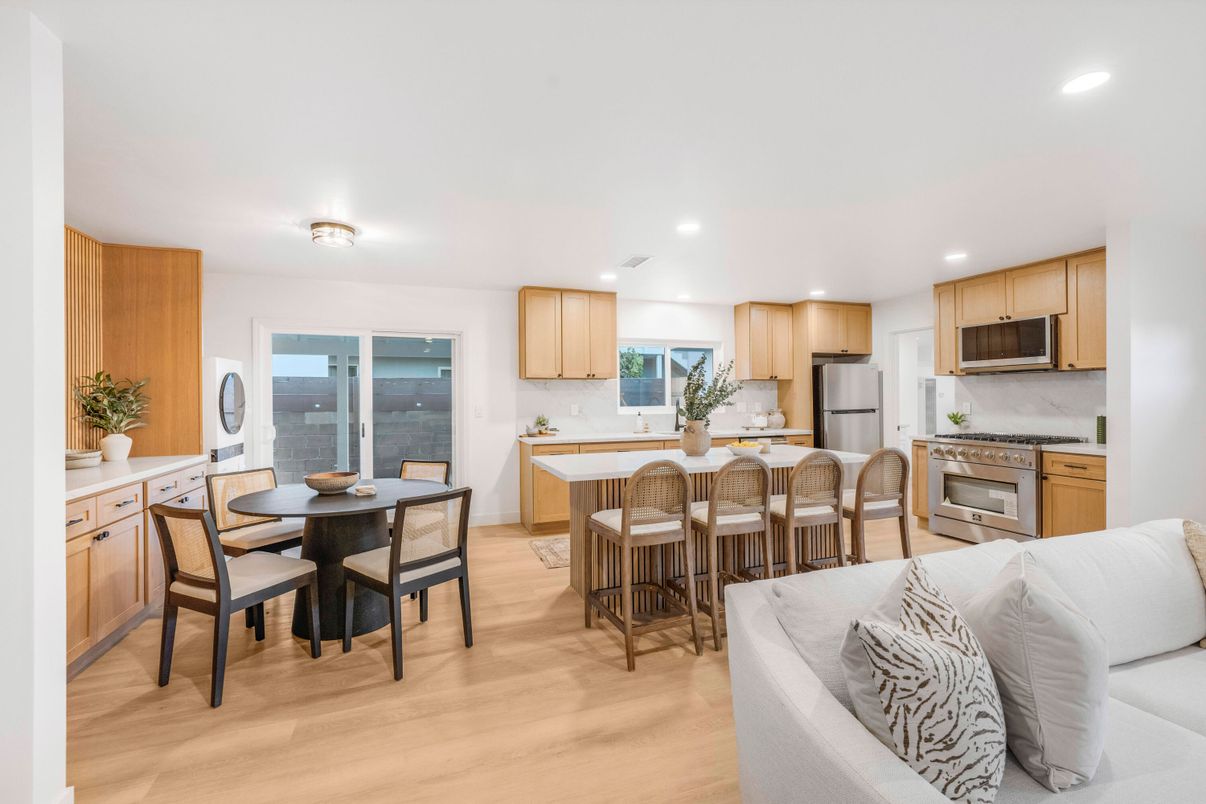 Dining room, Interior, Kitchen, Living room, Recessed Lighting, Stainless Steel Appliances, Wood Texture Flooring