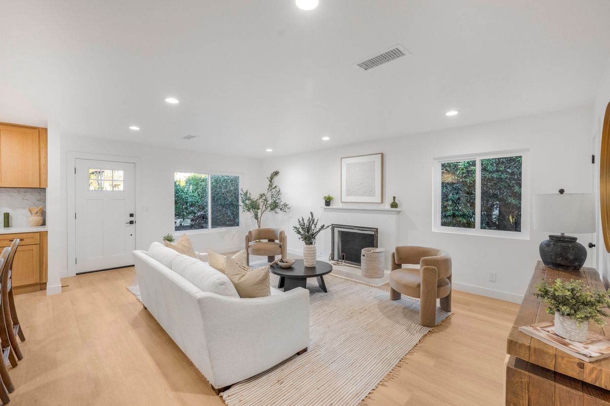 Fireplace, Interior, Living room, Recessed Lighting, Wood Texture Flooring