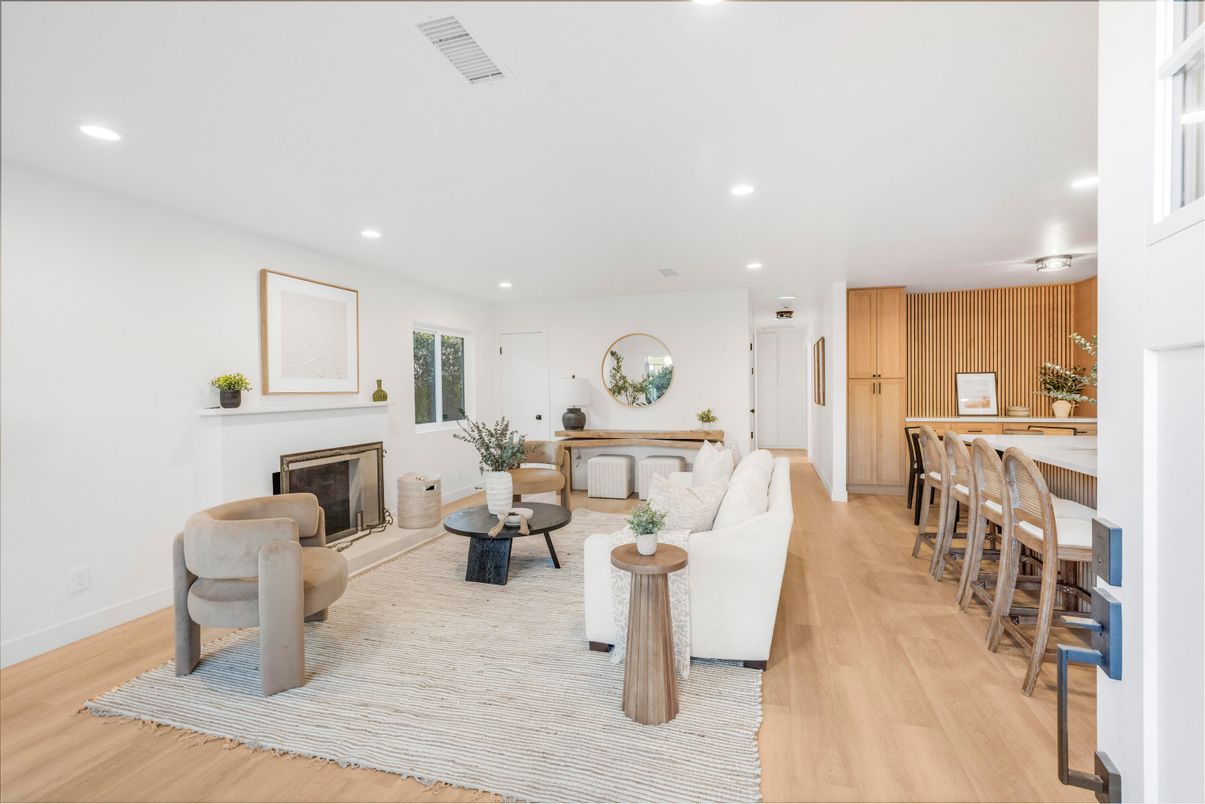 Fireplace, Interior, Living room, Recessed Lighting, Wood Texture Flooring