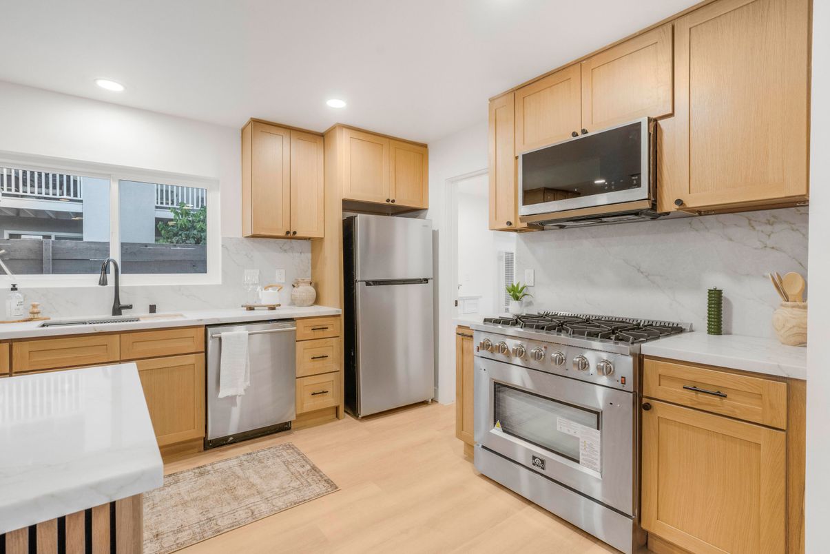Interior, Kitchen, Recessed Lighting, Stainless Steel Appliances, Wood Texture Flooring