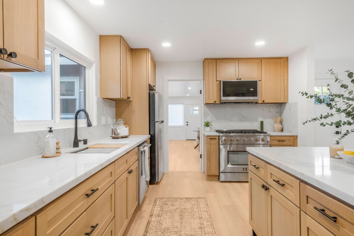 Interior, Kitchen, Recessed Lighting, Stainless Steel Appliances, Wood Texture Flooring