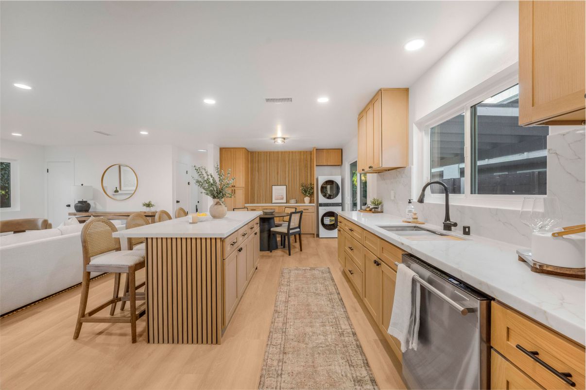Dining room, Interior, Kitchen, Living room, Recessed Lighting, Stainless Steel Appliances, Wood Texture Flooring