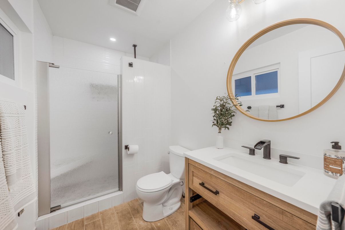 Bathroom, Glass Shower, Interior, Recessed Lighting, Wood Texture Flooring