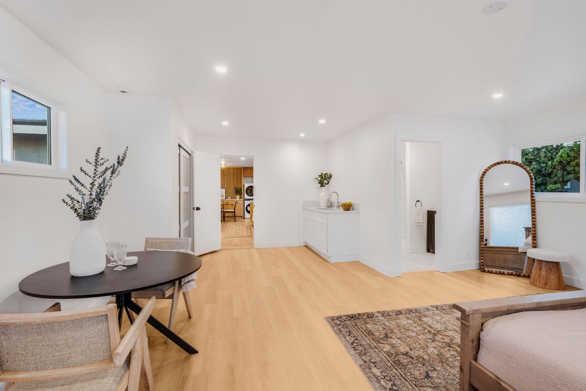 Dining room, Interior, Recessed Lighting, Wood Texture Flooring