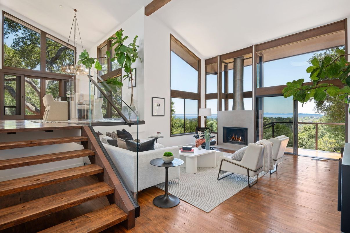 Fireplace, Interior, Living room, Pendant Lights, Water, Wood Texture Flooring