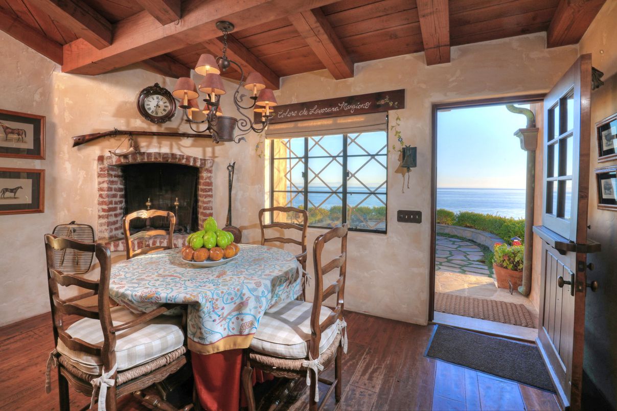 Dining room, Fireplace, Interior, Water, Wooden Beams, Wooden Ceilings, Wood Texture Flooring