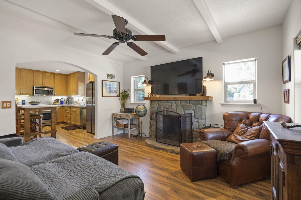 Fireplace, Interior, Kitchen, Living room, Stainless Steel Appliances, Wood Texture Flooring
