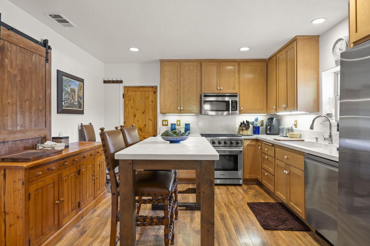 Interior, Kitchen, Recessed Lighting, Stainless Steel Appliances, Wood Texture Flooring