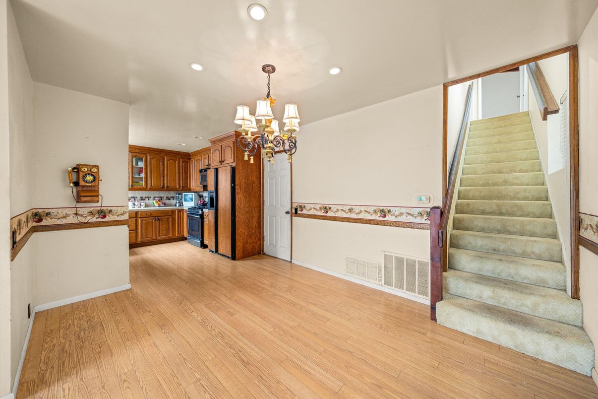 Chandelier, Interior, Kitchen, Recessed Lighting, Wood Texture Flooring