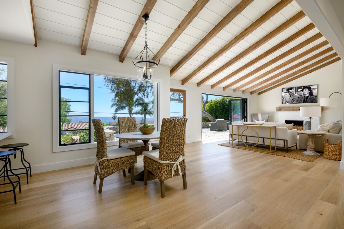 Dining room, Fireplace, Interior, Living room, Pendant Lights, Water, Wooden Beams, Wood Texture Flooring