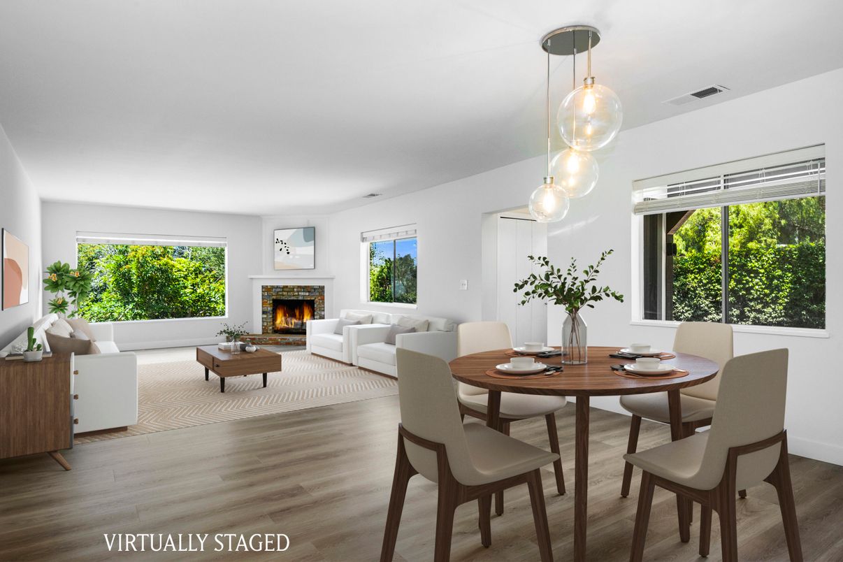 Dining room, Fireplace, Interior, Living room, Pendant Lights, Wood Texture Flooring