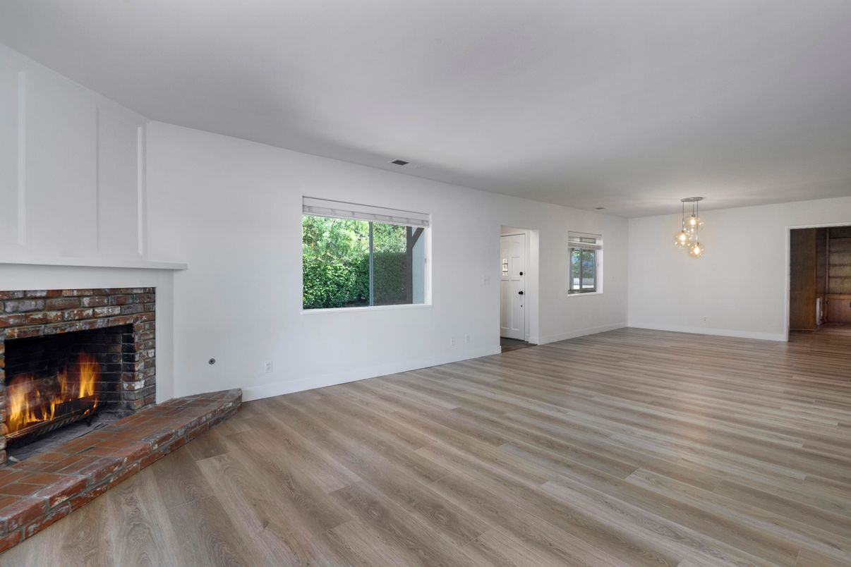 Empty room, Fireplace, Interior, Pendant Lights, Wood Texture Flooring