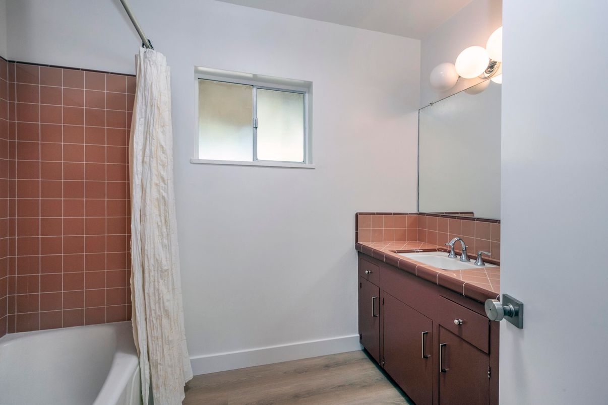 Bathroom, Interior, Tile Countertops, Wood Texture Flooring