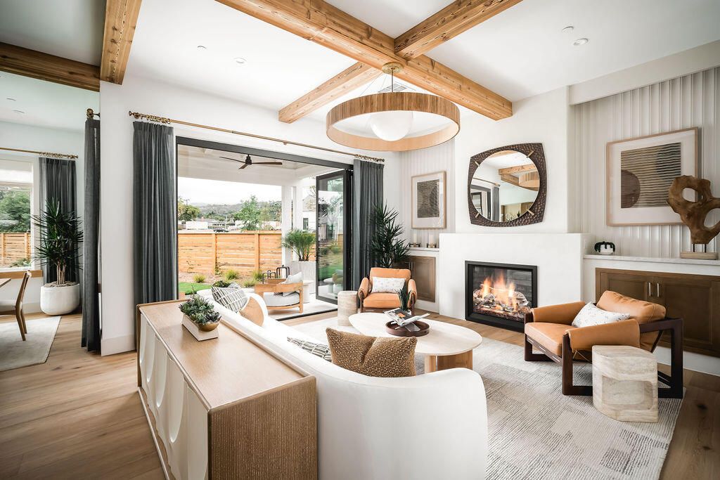 Fireplace, Interior, Living room, Recessed Lighting, Wooden Beams, Wood Texture Flooring