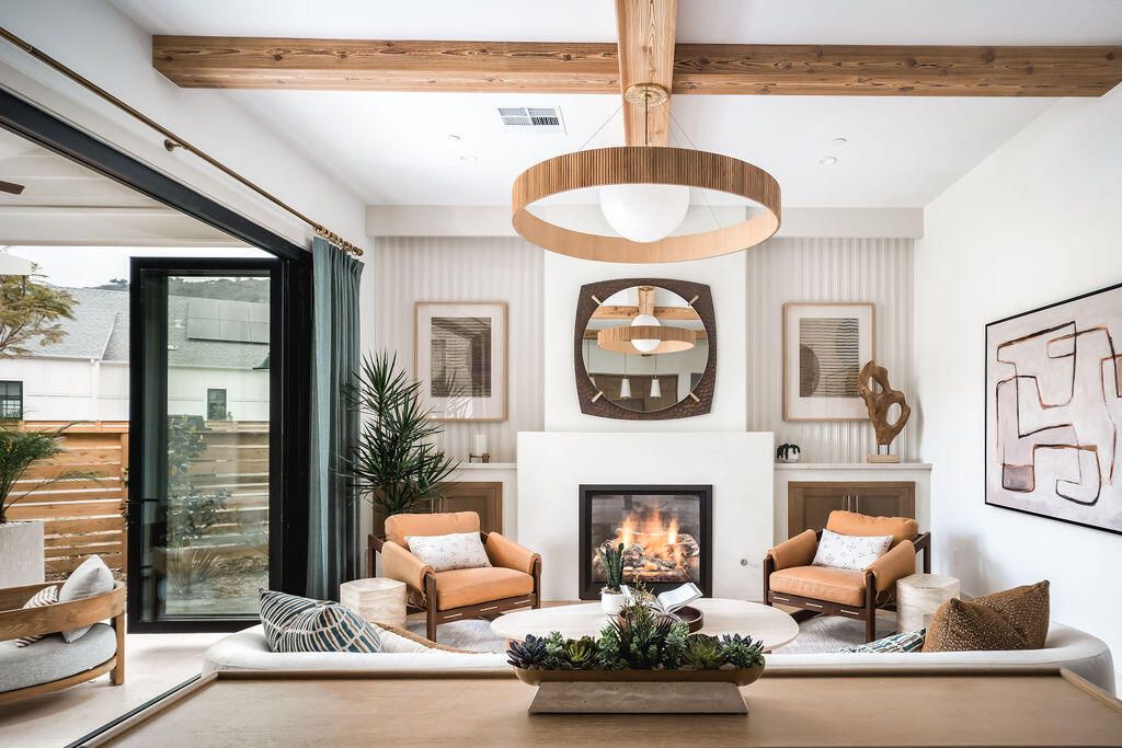 Fireplace, Interior, Living room, Pendant Lights, Recessed Lighting, Wooden Beams
