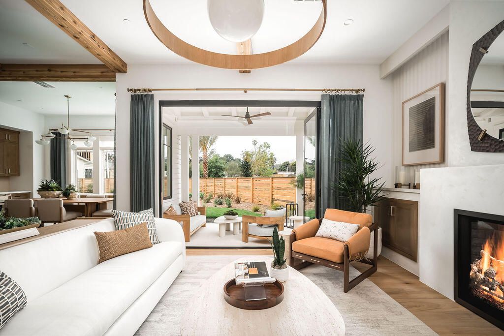 Dining room, Fireplace, Interior, Living room, Pendant Lights, Recessed Lighting, Wooden Beams, Wood Texture Flooring