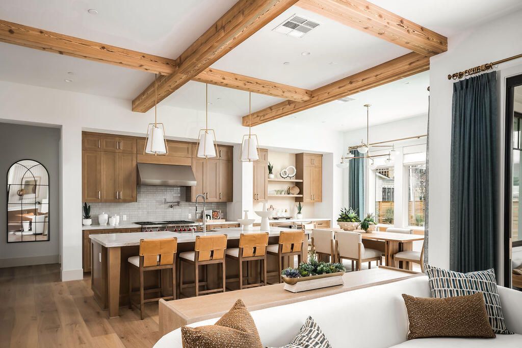 Dining room, Interior, Kitchen, Pendant Lights, Recessed Lighting, Wooden Beams, Wood Texture Flooring