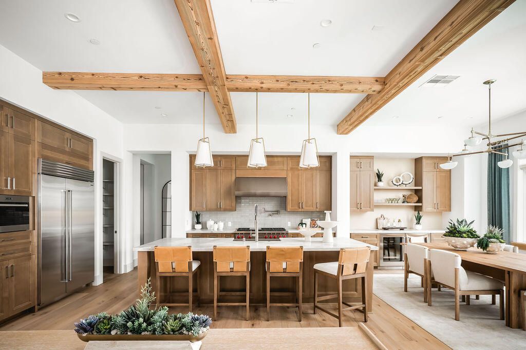 Interior, Kitchen, Pendant Lights, Recessed Lighting, Stainless Steel Appliances, Wooden Beams, Wood Texture Flooring