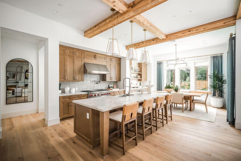 Dining room, Interior, Kitchen, Pendant Lights, Recessed Lighting, Stainless Steel Appliances, Wooden Beams, Wood Texture Flooring