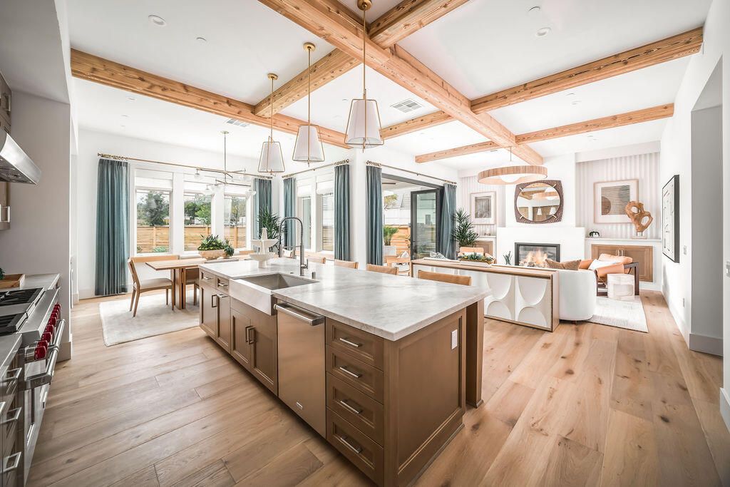 Dining room, Fireplace, Interior, Kitchen, Living room, Pendant Lights, Recessed Lighting, Stainless Steel Appliances, Wooden Beams, Wood Texture Flooring