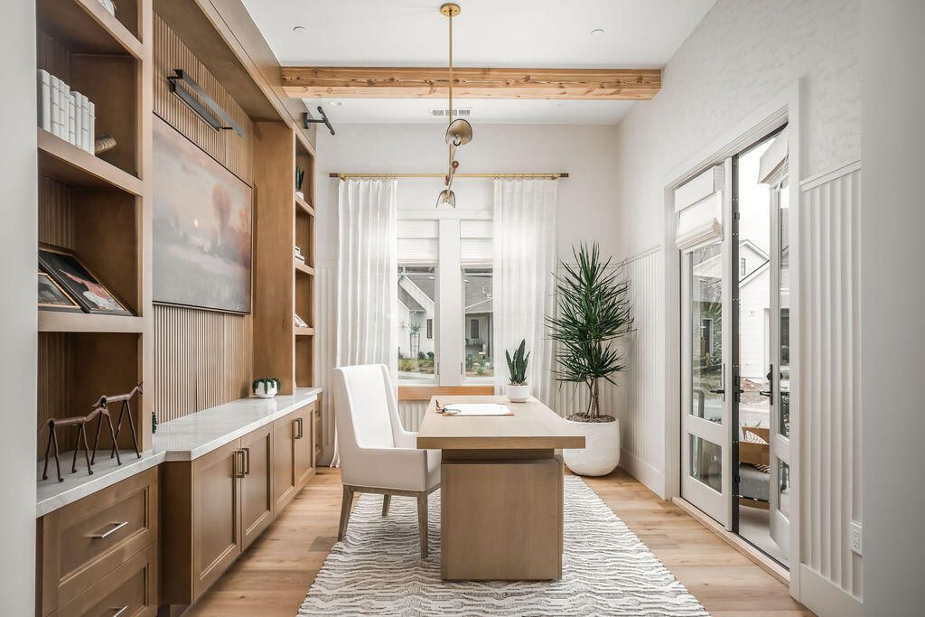 Home Office, Interior, Pendant Lights, Wood Texture Flooring