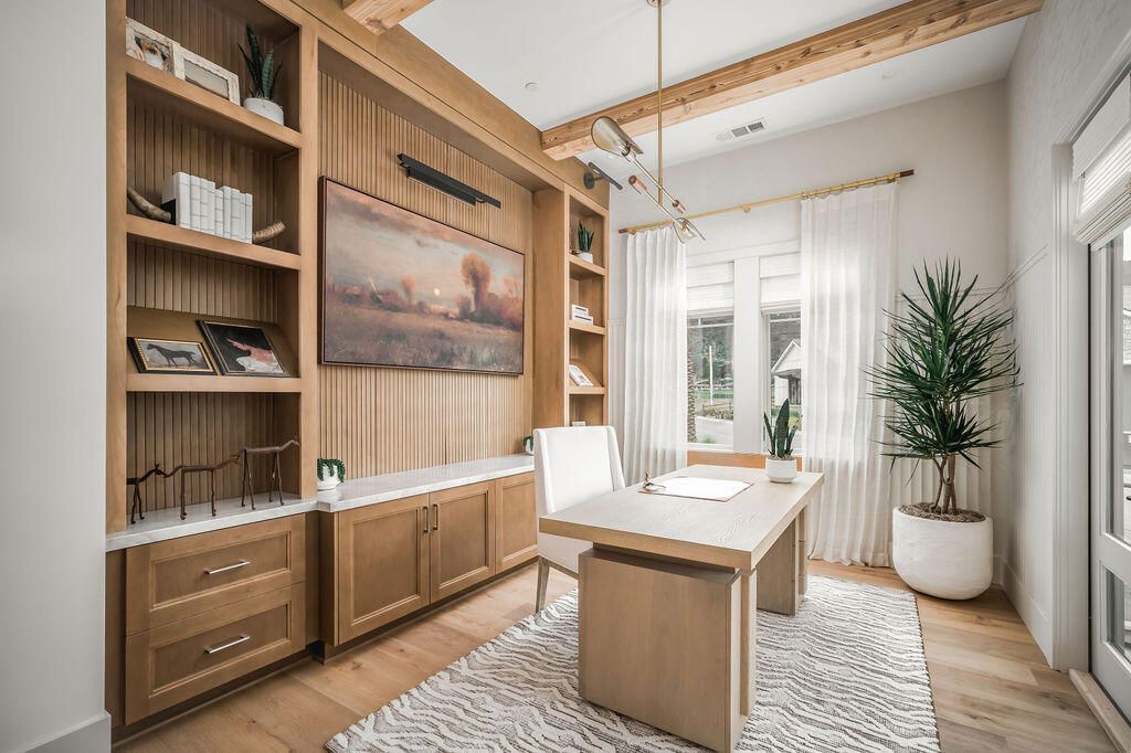 Home Office, Interior, Pendant Lights, Wooden Beams, Wood Texture Flooring