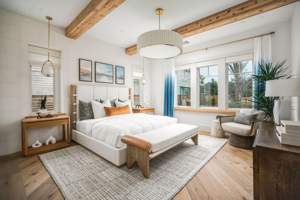 Bedroom, Interior, Pendant Lights, Wooden Beams, Wood Texture Flooring