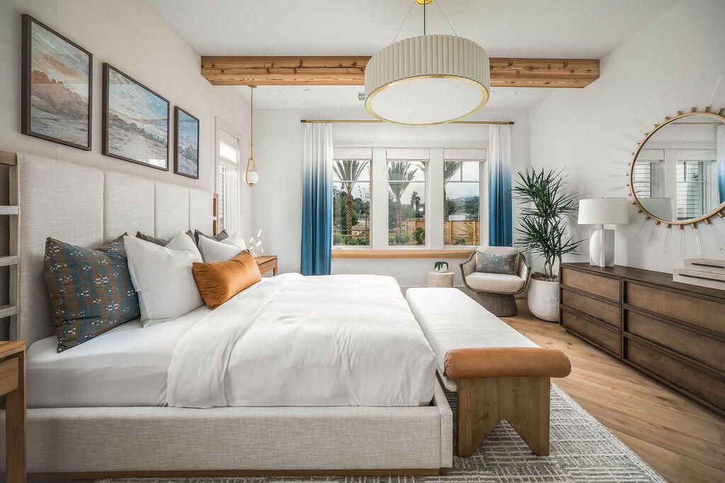 Bedroom, Interior, Pendant Lights, Wooden Beams, Wood Texture Flooring
