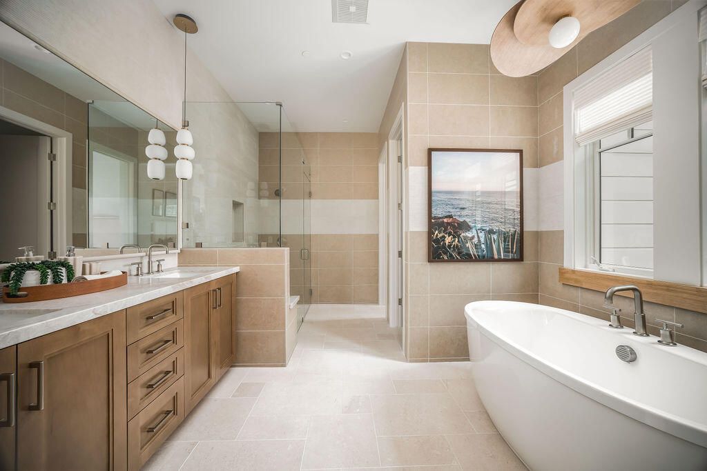 Bathroom, Dual Sink Vanities, Free Standing Baths, Glass Shower, Interior, Pendant Lights, Recessed Lighting