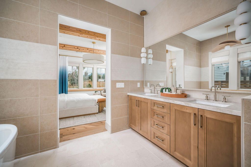 Bathroom, Bedroom, Dual Sink Vanities, Interior, Pendant Lights, Wood Texture Flooring
