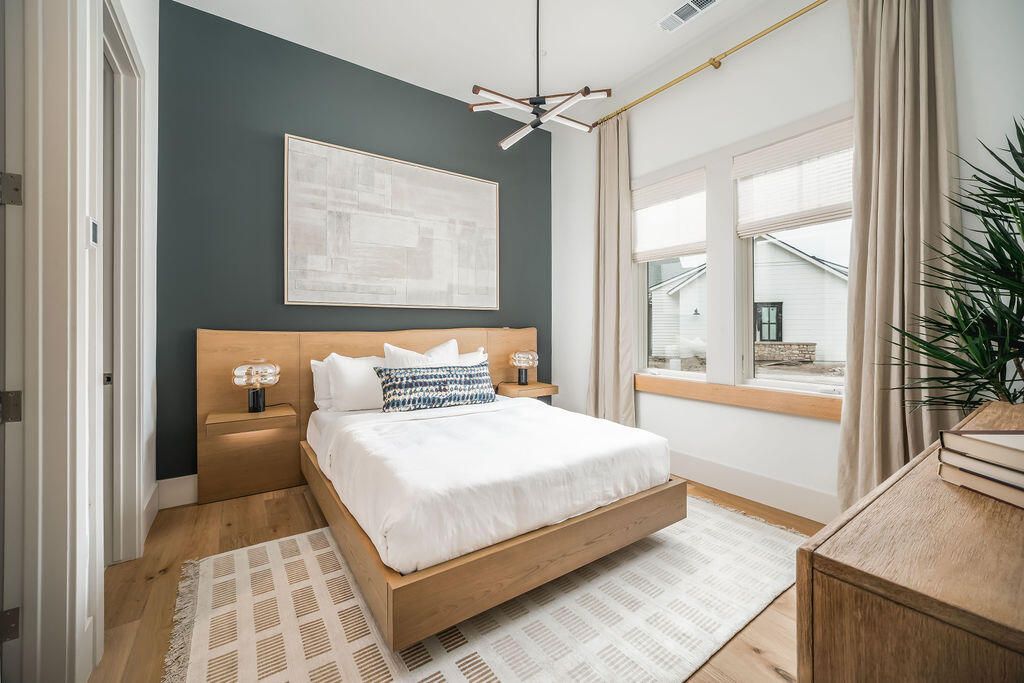 Bedroom, Interior, Pendant Lights, Wood Texture Flooring