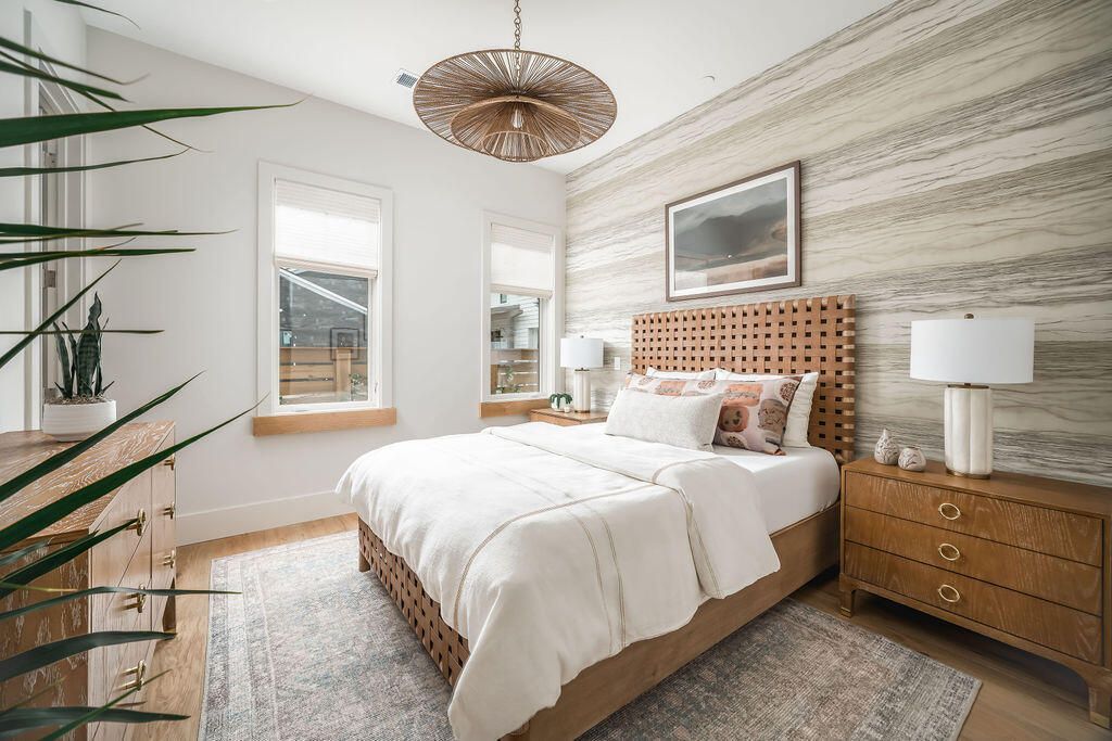 Bedroom, Interior, Pendant Lights, Wood Texture Flooring