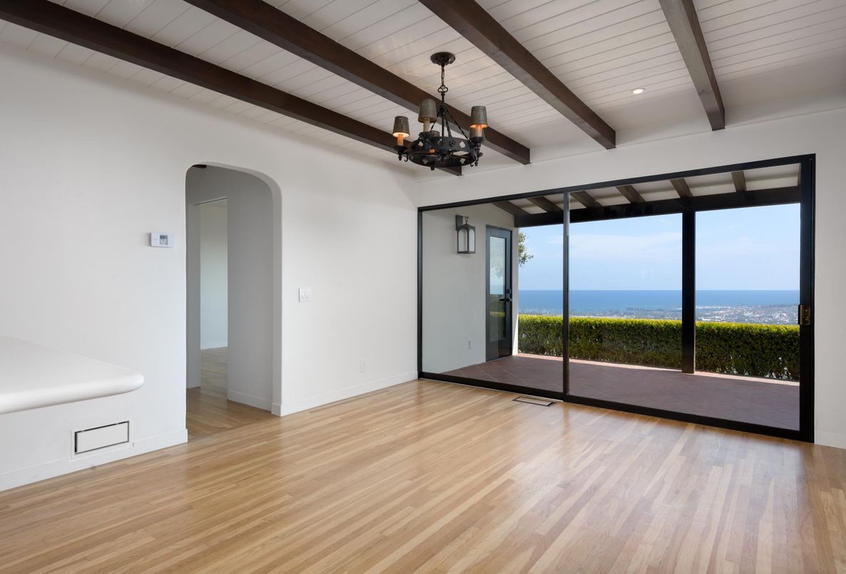 Chandelier, Empty room, Interior, Recessed Lighting, Water, Wooden Beams, Wood Texture Flooring