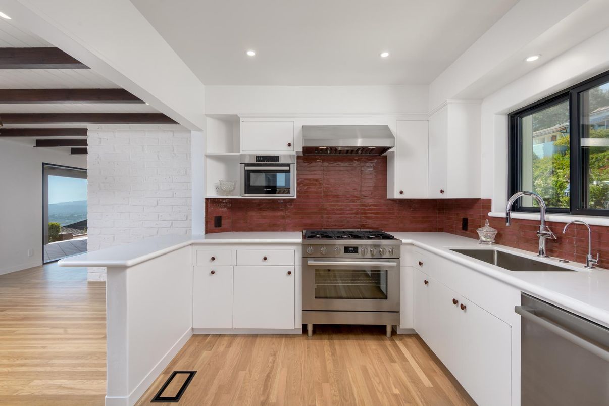Interior, Kitchen, Recessed Lighting, Stainless Steel Appliances, Stone Walls, Wood Texture Flooring