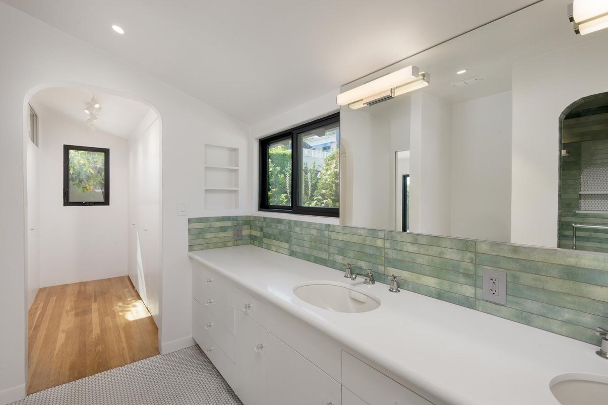 Bathroom, Dual Sink Vanities, Interior, Recessed Lighting, Wood Texture Flooring