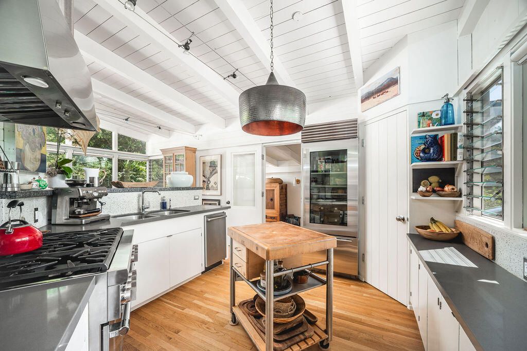 Interior, Kitchen, Pendant Lights, Stainless Steel Appliances, Wood Texture Flooring
